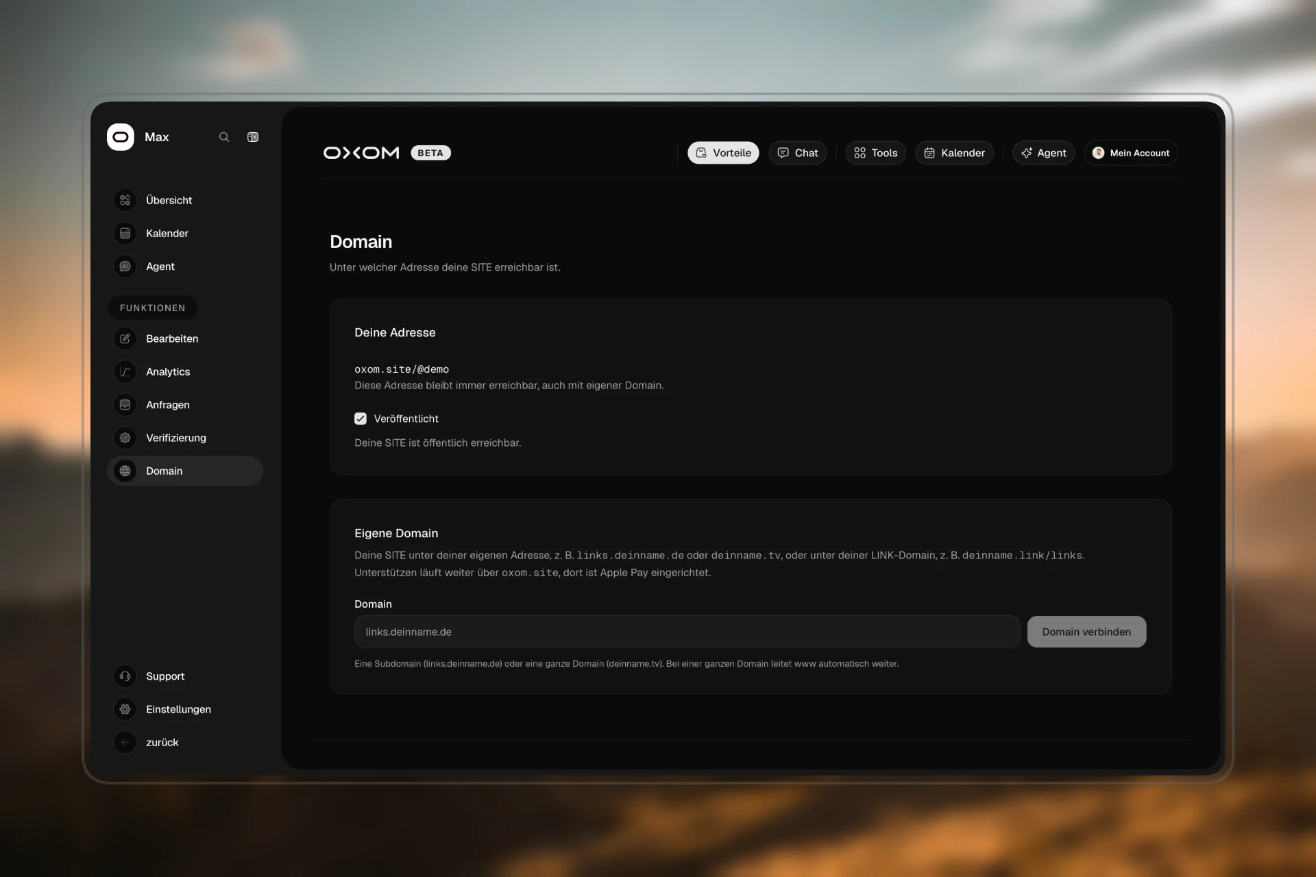 SITE → Domain im Workspace: Adresse und eigene Domain verbinden